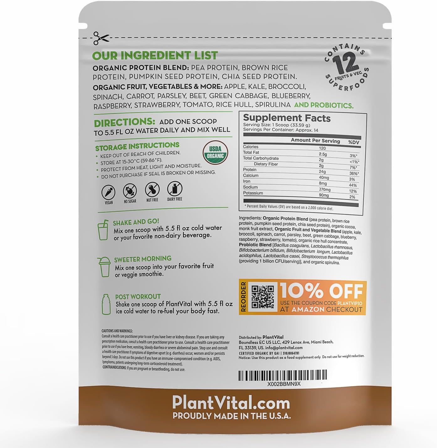 Organic Chocolate Vegan Protein Powder with Superfoods, Probiotics, and Veggies - 24g Protein, 0g Sugar, Gluten-Free - 16oz - BoostGo Australia