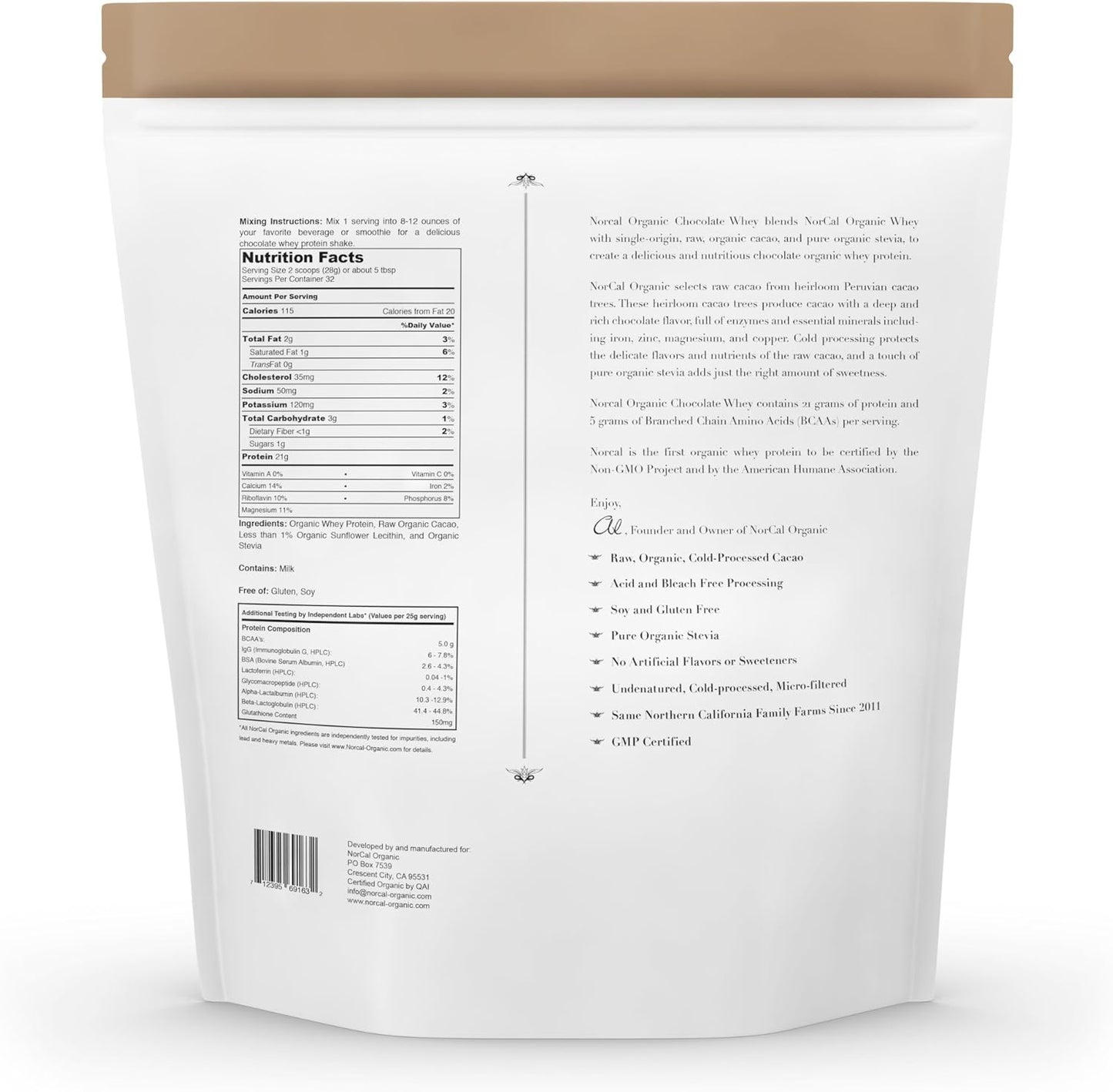 Organic Chocolate Whey Protein Powder | USA Grass-Fed, USDA Certified | Raw Cacao Flavor from California Farms | 32oz - 32 Servings