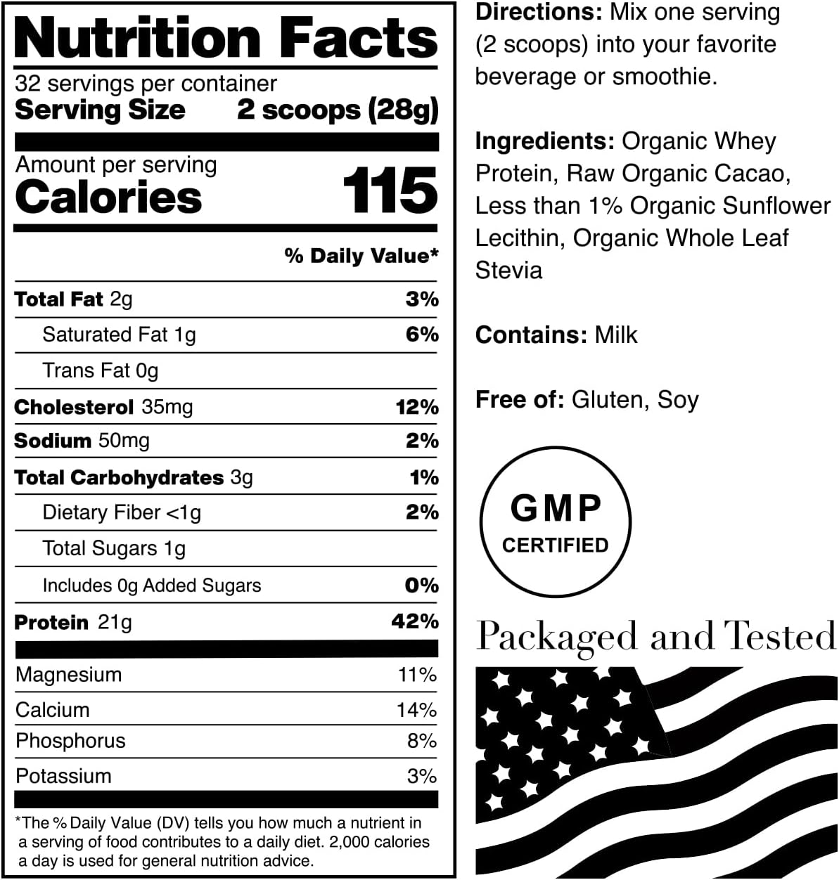 Organic Chocolate Whey Protein Powder | USA Grass-Fed, USDA Certified | Raw Cacao Flavor from California Farms | 32oz - 32 Servings