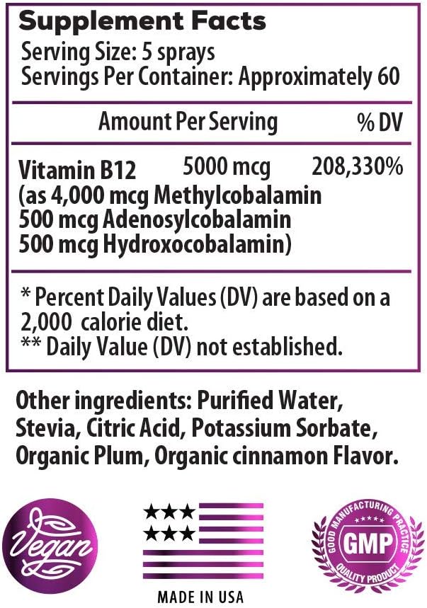Organic CinnaPlum B-Bomb Triple B12 Vitamin Liquid Spray - 5000mcg for Nerve Health and Energy Boost - Methylcobalamin, Adenosylcobalamin, Hydroxocobalamin - Keto and Sugar-Free