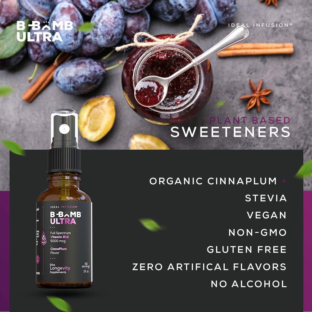 Organic CinnaPlum B-Bomb Triple B12 Vitamin Liquid Spray - 5000mcg for Nerve Health and Energy Boost - Methylcobalamin, Adenosylcobalamin, Hydroxocobalamin - Keto and Sugar-Free