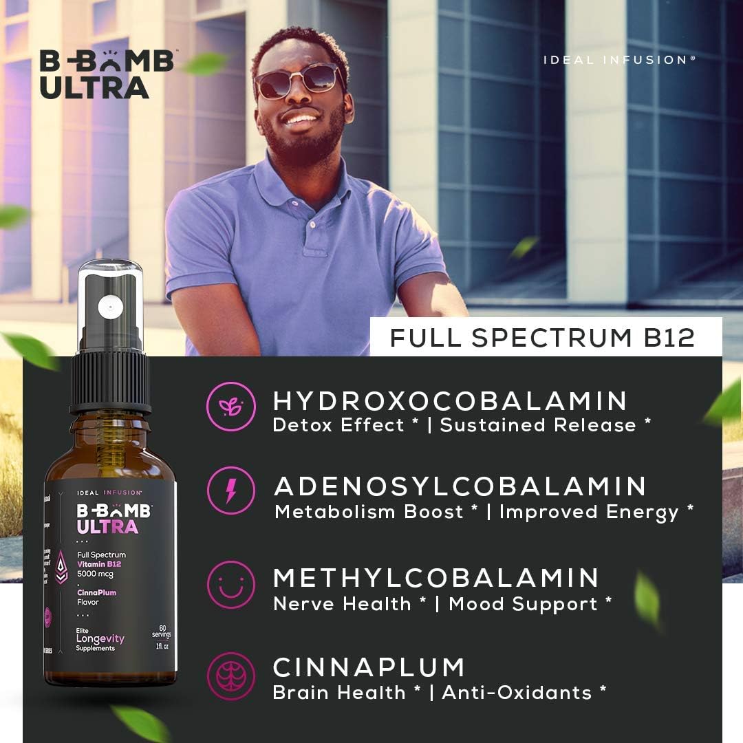 Organic CinnaPlum B-Bomb Triple B12 Vitamin Liquid Spray - 5000mcg for Nerve Health and Energy Boost - Methylcobalamin, Adenosylcobalamin, Hydroxocobalamin - Keto and Sugar-Free