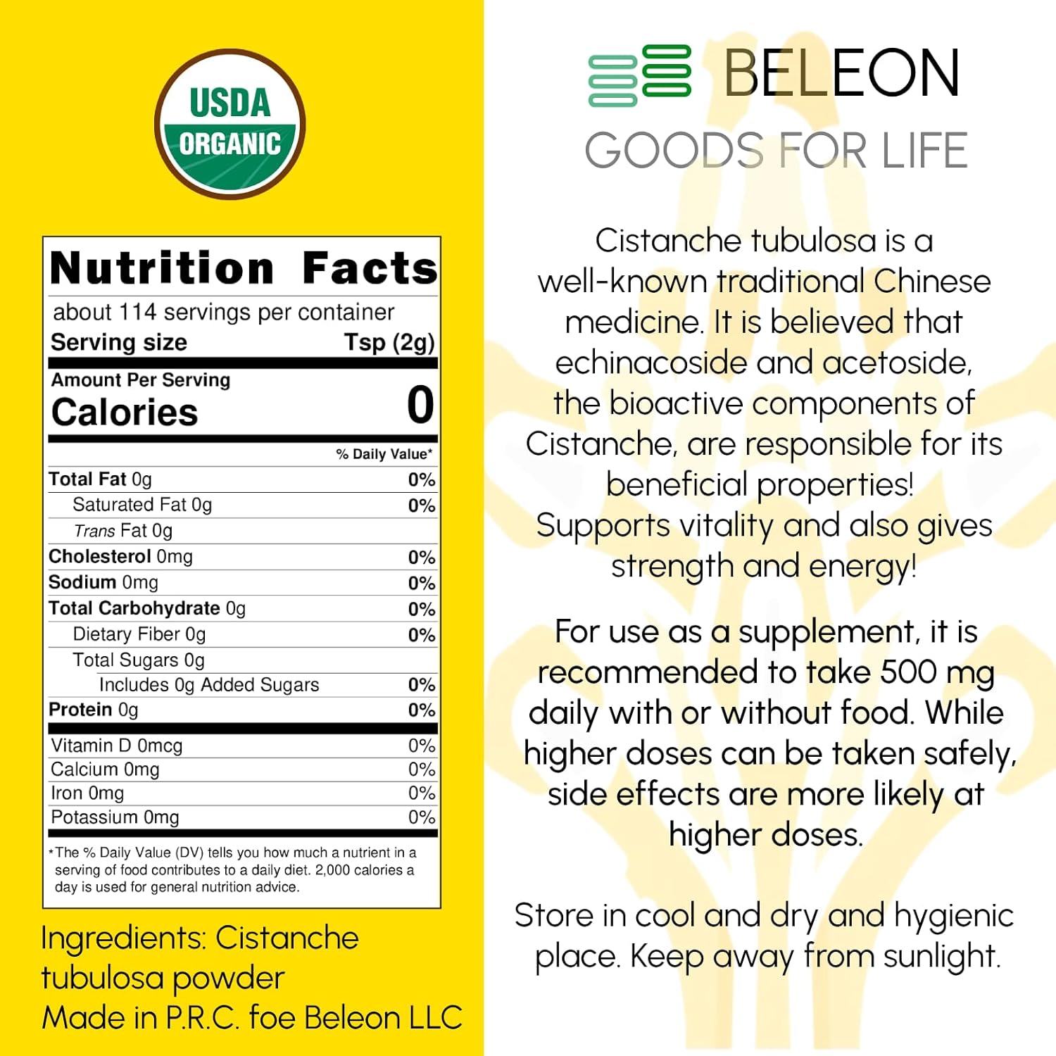 Organic Cistanche Tubulosa Powder 8 oz - Energy, Cognitive Function, Mood - Beleon Goods For Life