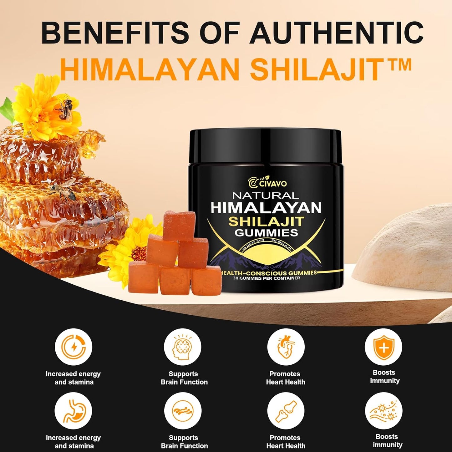 Organic Civavo Himalayan Shilajit Gummies for Energy & Strength - 30 Count