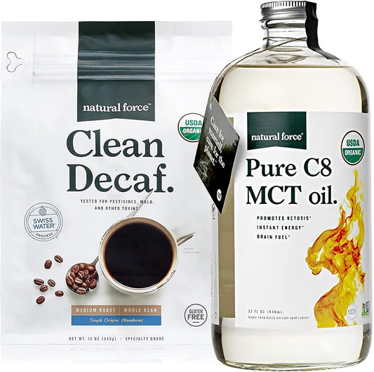 Organic Clean Decaf Coffee with Pure C8 MCT Oil Bundle - Non-GMO, Keto, Paleo, Vegan - 100% C8 MCTs - Mold & Mycotoxin Free - 12 Oz & 32 Oz