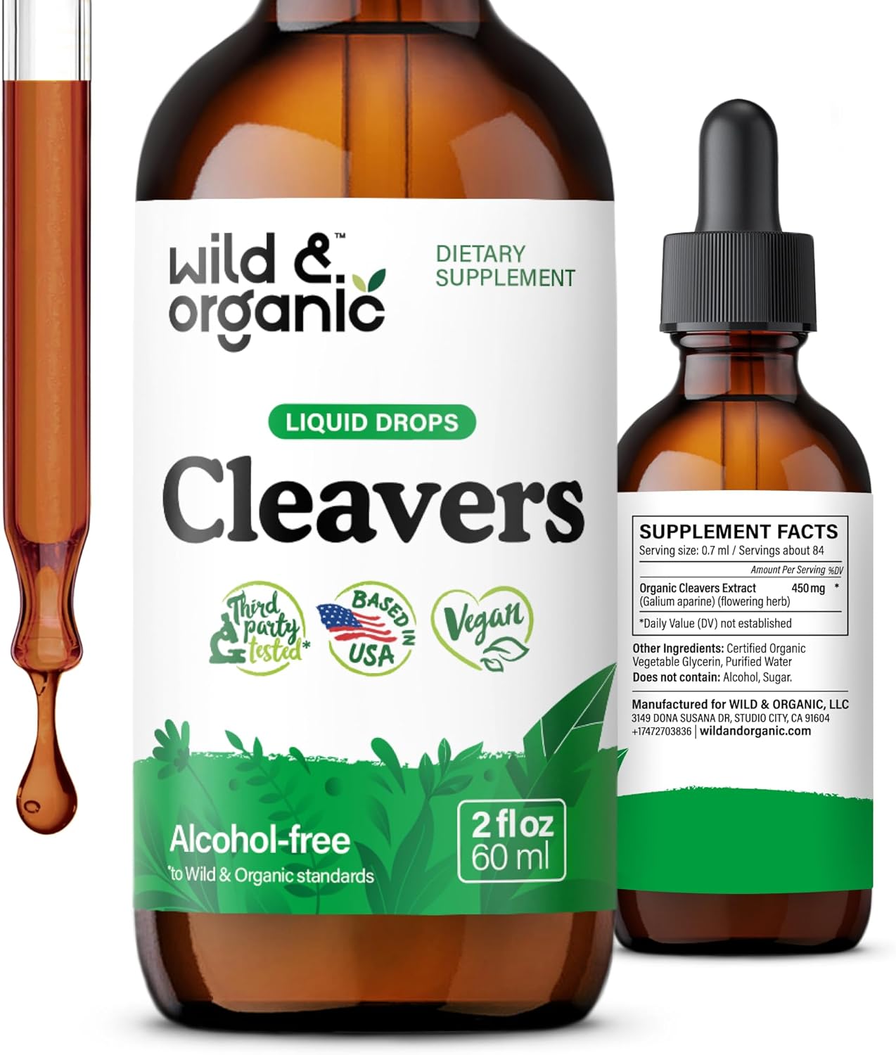 Organic Cleavers Leaf Tincture for Natural Detox - Galium Aparine Herb Supplement - Vegan & Alcohol-Free - 2 fl oz