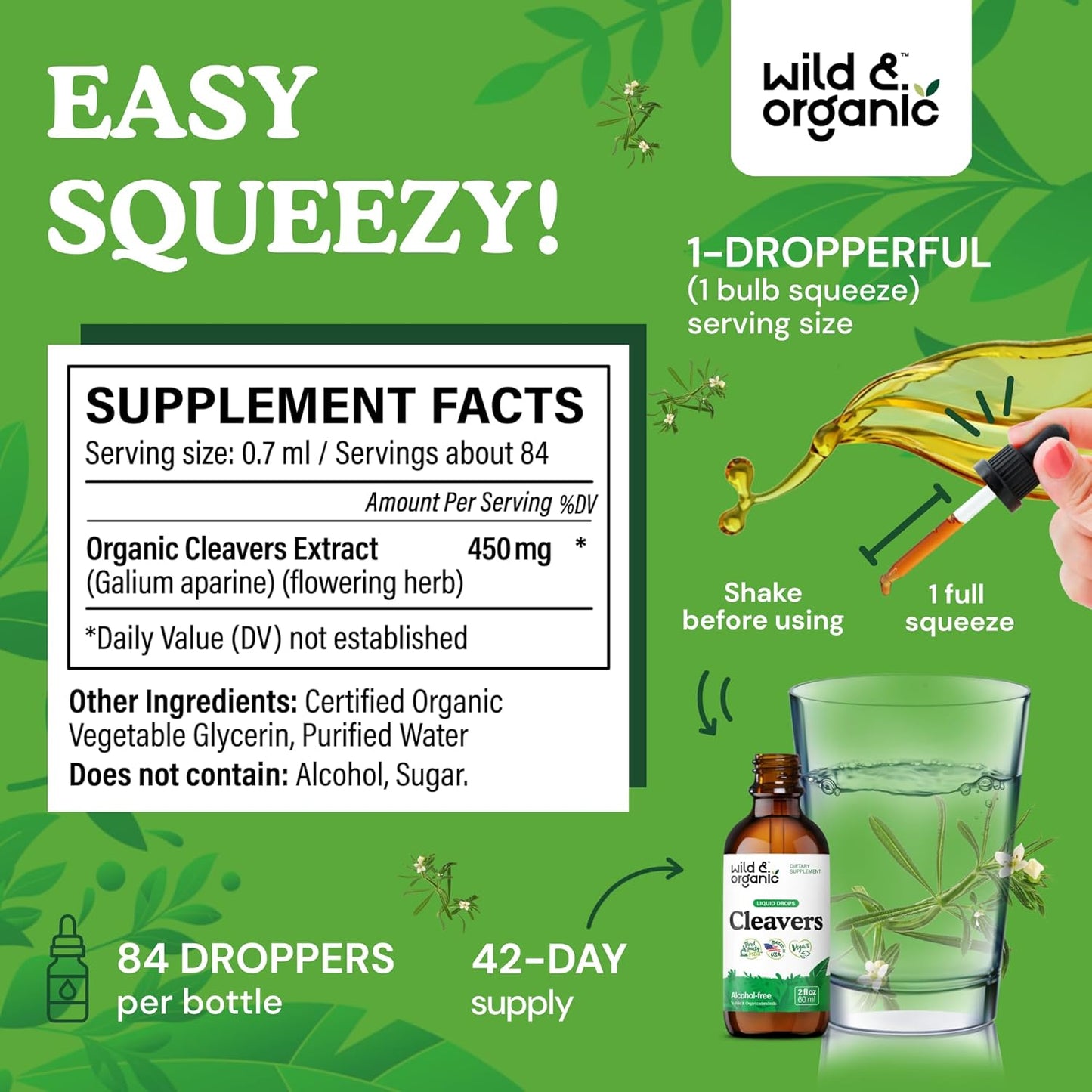 Organic Cleavers Leaf Tincture for Natural Detox - Galium Aparine Herb Supplement - Vegan & Alcohol-Free - 2 fl oz