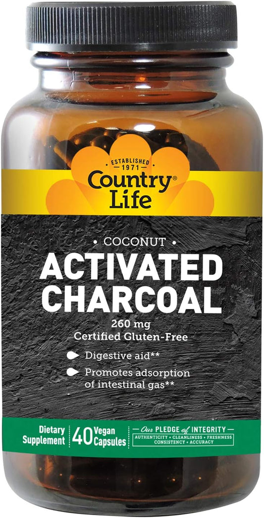 Organic Coconut Charcoal Capsules 260mg - Natural Relief for Gas & Bloating - Gluten-Free, Non-GMO - 40 Vegan Capsules