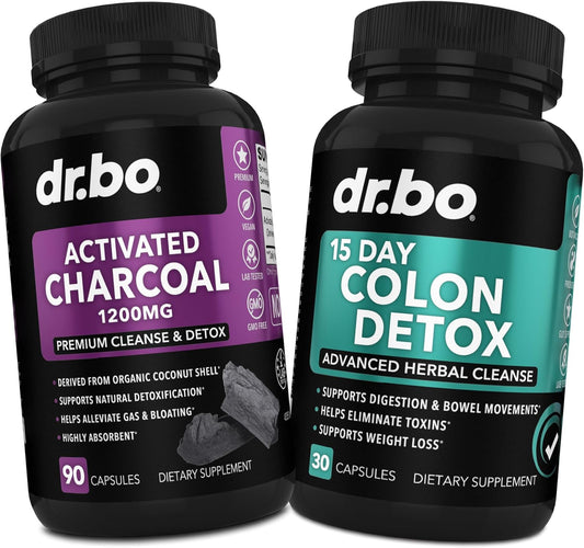 Organic Coconut Charcoal Pills & Colon Cleanse for Stomach Gas & Bloating - Dr. BO Activated Charcoal Detox Supplements for Gut Health & Regularity