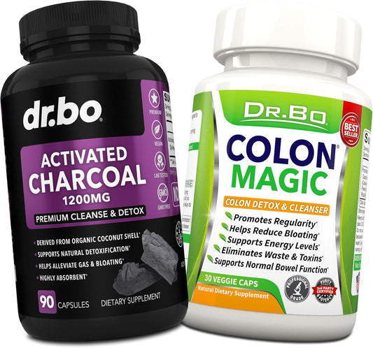 Organic Coconut Charcoal Pills for Colon Cleanse & Detox - Dr. BO Activated Charcoal Capsules for Stomach Gas Relief in Men, Women, and Kids - Natural Intestinal Cleanse Supplement for Healthy Bowel Movements