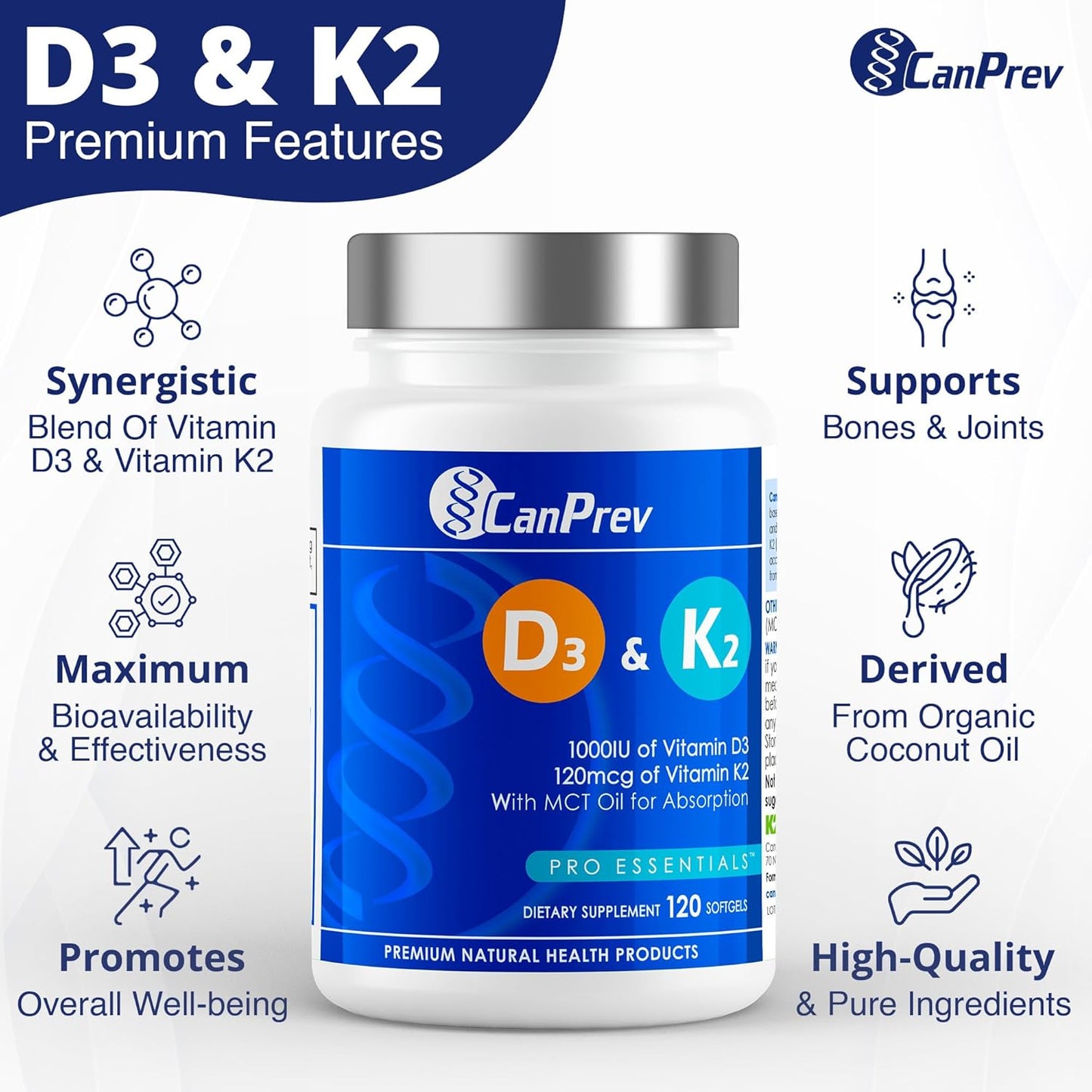 Organic Coconut Oil Softgels with CanPrev D3 & K2 - 120 Count