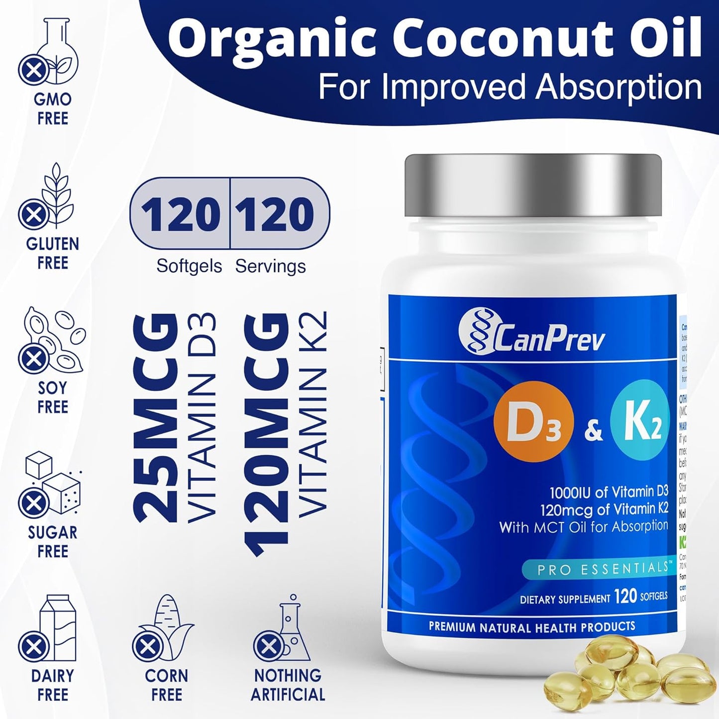 Organic Coconut Oil Softgels with CanPrev D3 & K2 - 120 Count