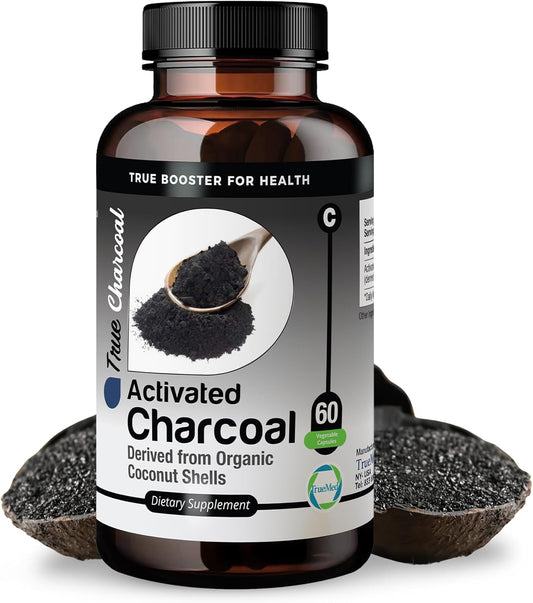Organic Coconut Shell Derived Charcoal Capsules for Detox & Digestive Health, 1200mg, 60ct - TRUEMED Activated Charcoal