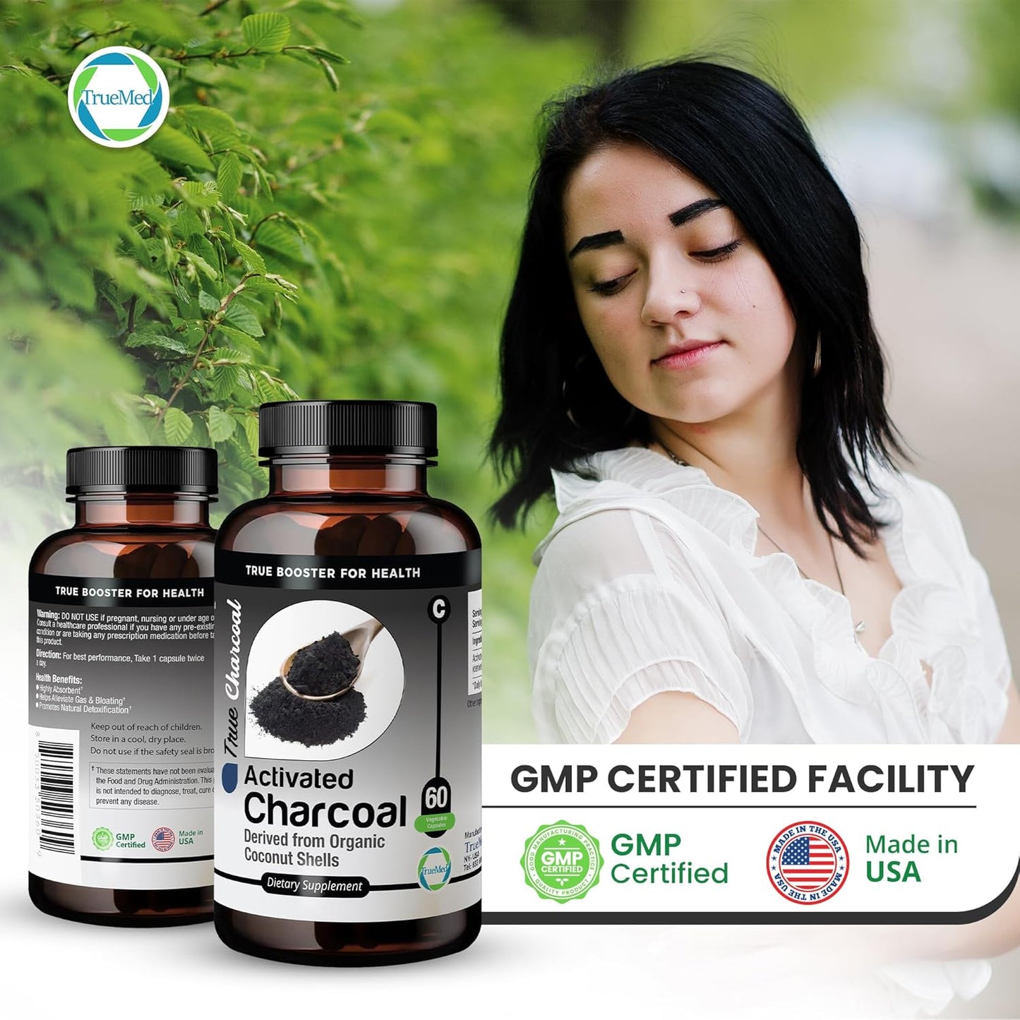 Organic Coconut Shell Derived Charcoal Capsules for Detox & Digestive Health, 1200mg, 60ct - TRUEMED Activated Charcoal