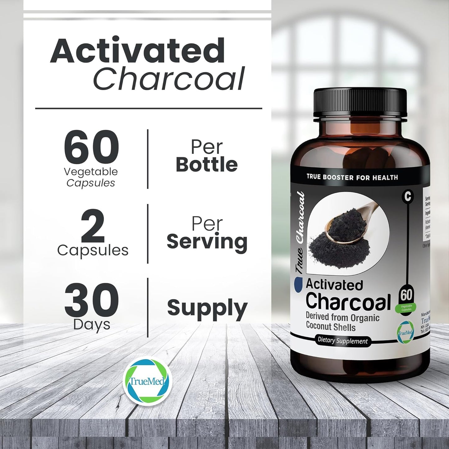 Organic Coconut Shell Derived Charcoal Capsules for Detox & Digestive Health, 1200mg, 60ct - TRUEMED Activated Charcoal