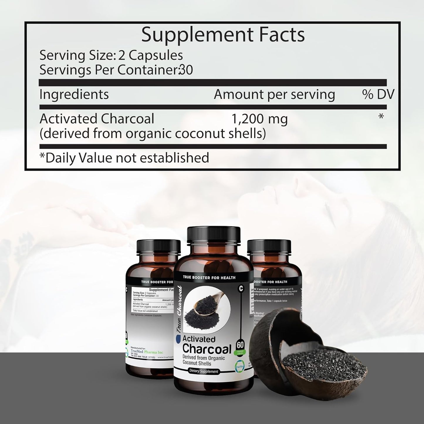 Organic Coconut Shell Derived Charcoal Capsules for Detox & Digestive Health, 1200mg, 60ct - TRUEMED Activated Charcoal