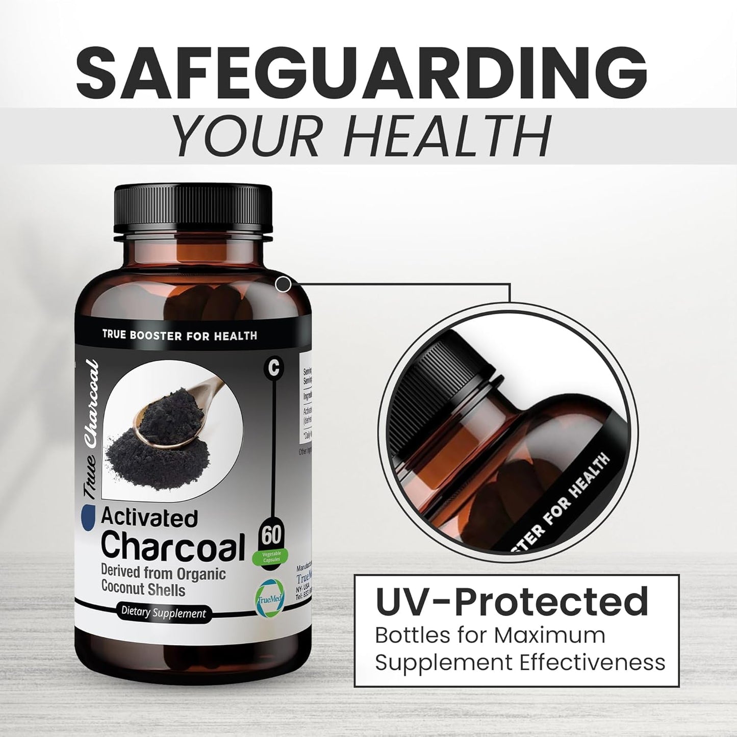 Organic Coconut Shell Derived Charcoal Capsules for Detox & Digestive Health, 1200mg, 60ct - TRUEMED Activated Charcoal