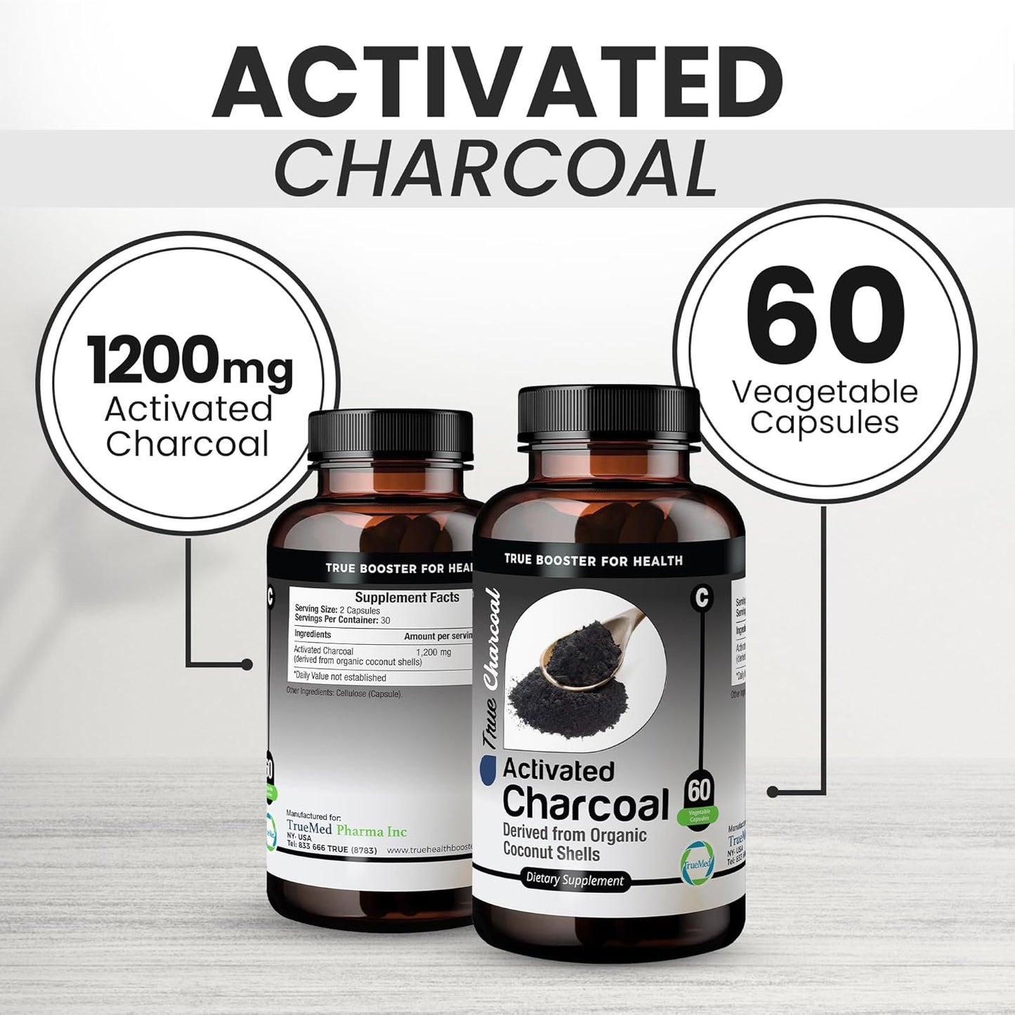 Organic Coconut Shell Derived Charcoal Capsules for Detox & Digestive Health, 1200mg, 60ct - TRUEMED Activated Charcoal
