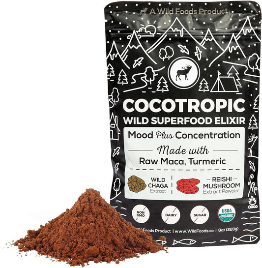 Organic Cocotropic Superfood Mushroom Hot Chocolate Mix - 16 oz (Pack of 2) | Non-GMO, Vegan, Gluten Free - Raw Cacao, Reishi, Chaga, Maca, Turmeric - Mood Boosting Blend
