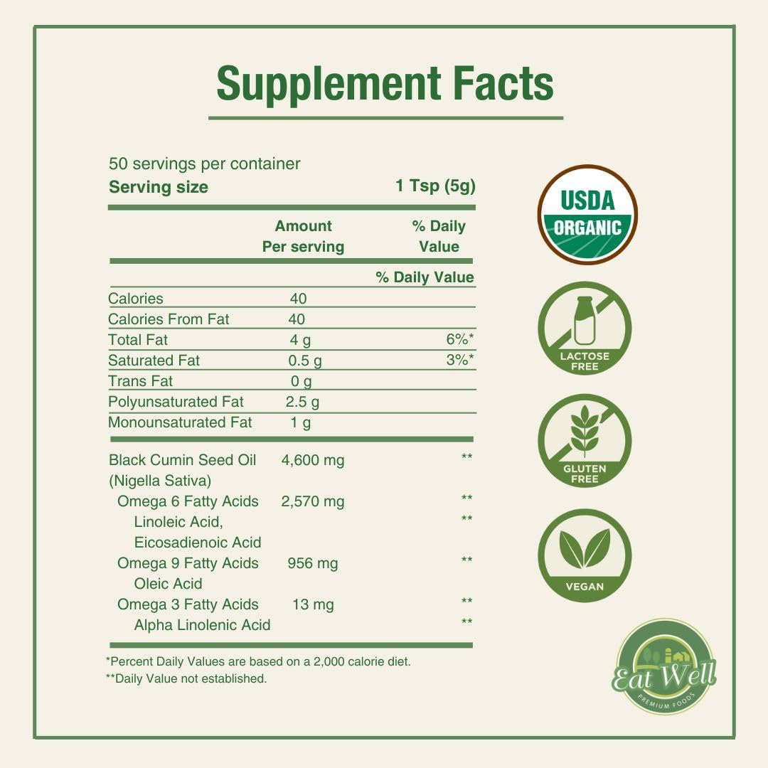 Organic Cold Pressed Black Seed Oil - 8.4 oz Bottle - Raw Nigella Sativa Oil - Gourmet Food