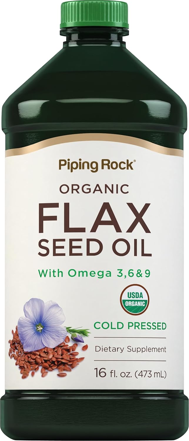 Organic Cold Pressed Flaxseed Oil Supplement | 16 fl oz | Omega-3, 6, & 9 | Non GMO, Gluten Free | Piping Rock
