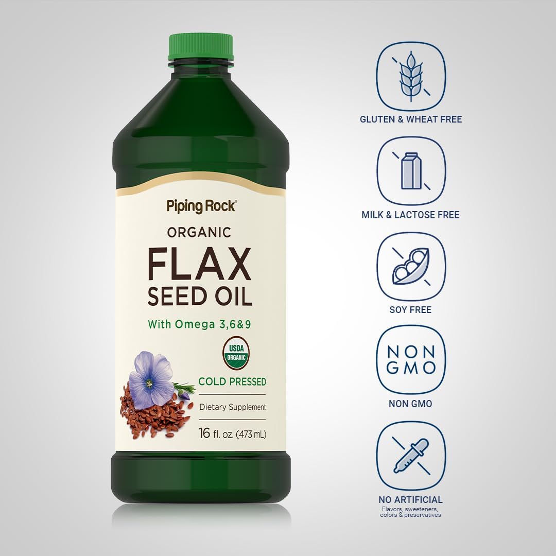 Organic Cold Pressed Flaxseed Oil Supplement | 16 fl oz | Omega-3, 6, & 9 | Non GMO, Gluten Free | Piping Rock
