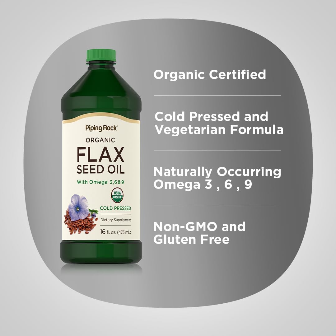 Organic Cold Pressed Flaxseed Oil Supplement | 16 fl oz | Omega-3, 6, & 9 | Non GMO, Gluten Free | Piping Rock