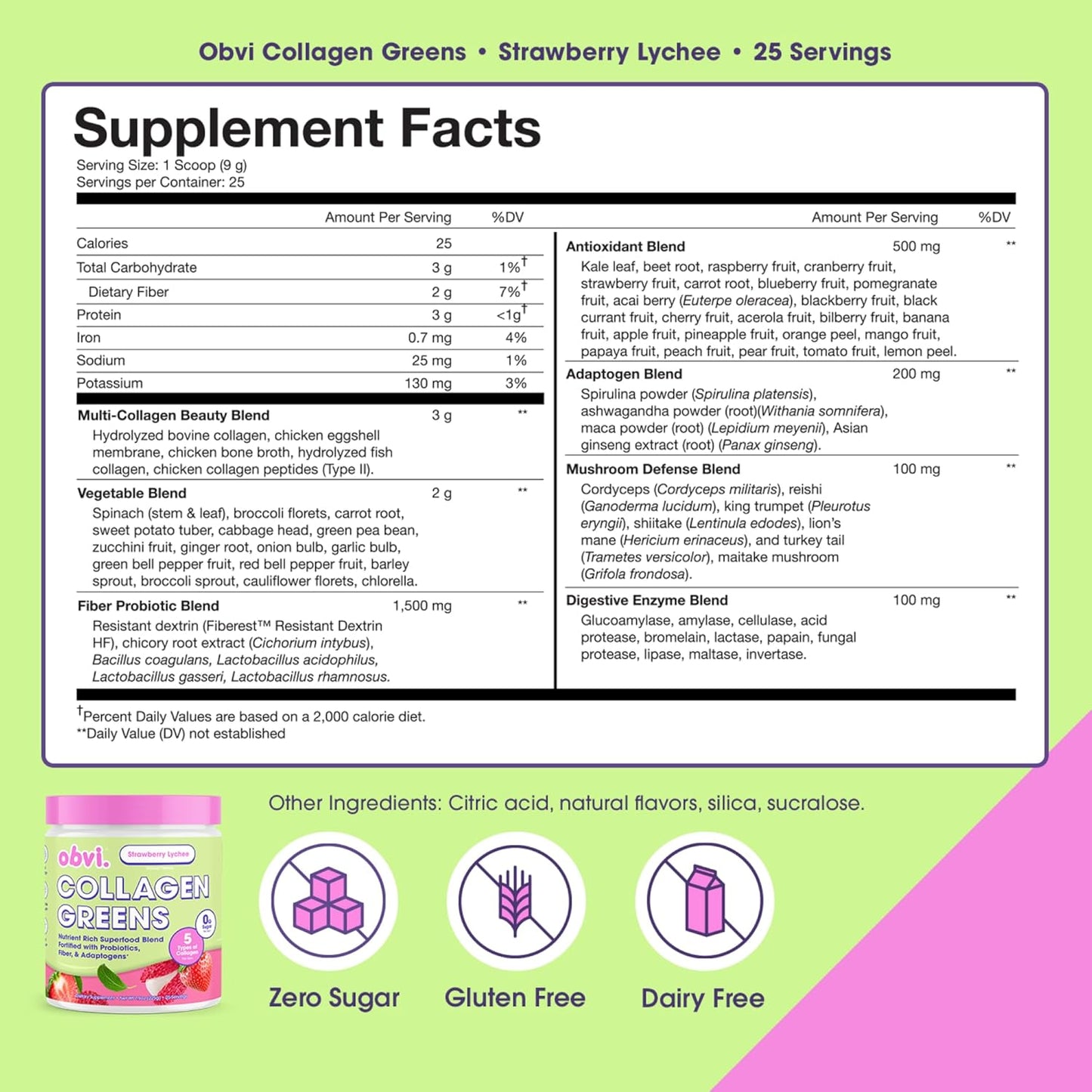 Organic Collagen Greens Superfood Powder with Probiotics for Gut Health, Skin, Hair, Nails - Strawberry Lychee Flavor, 25 Servings