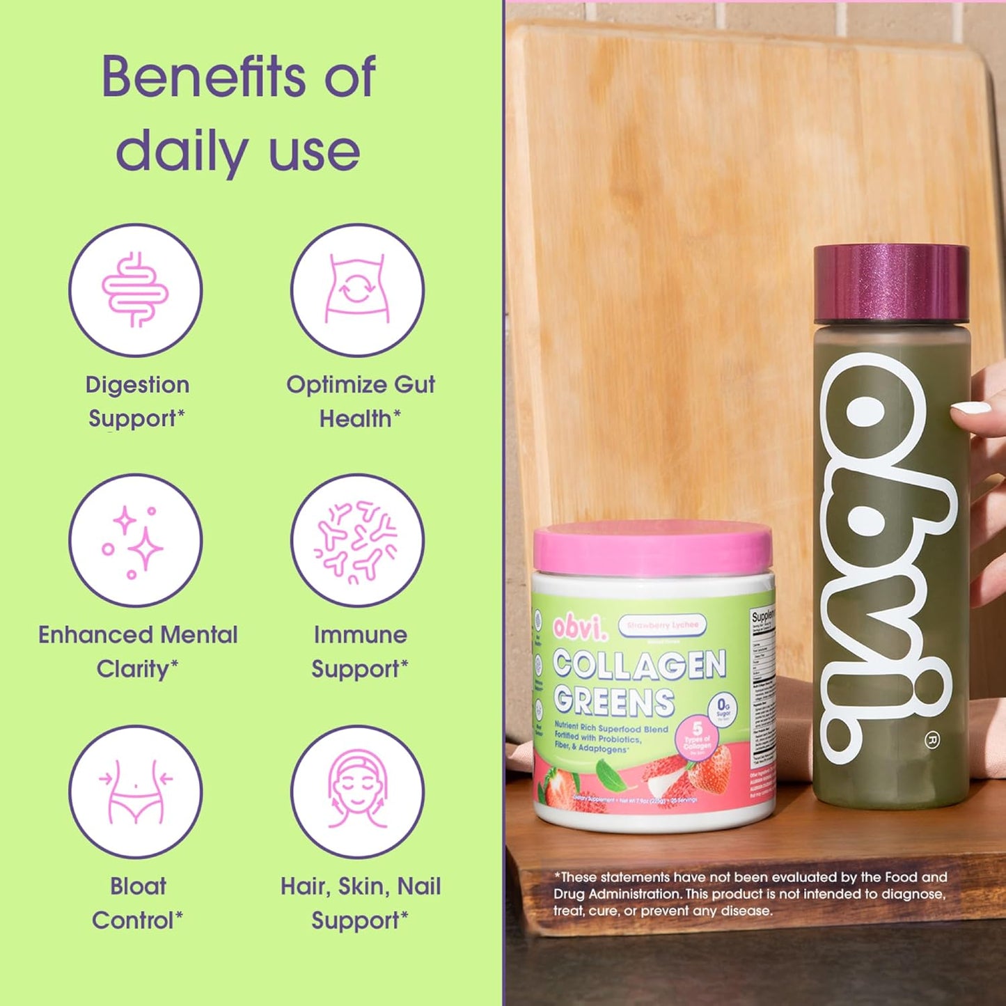 Organic Collagen Greens Superfood Powder with Probiotics for Gut Health, Skin, Hair, Nails - Strawberry Lychee Flavor, 25 Servings