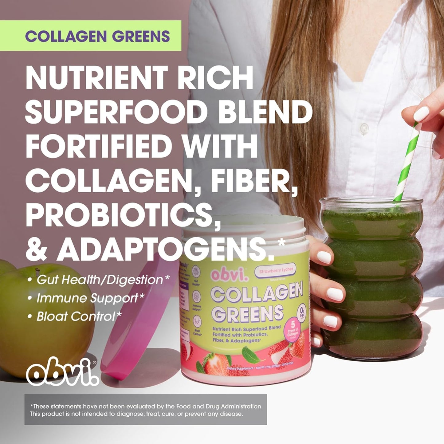 Organic Collagen Greens Superfood Powder with Probiotics for Gut Health, Skin, Hair, Nails - Strawberry Lychee Flavor, 25 Servings