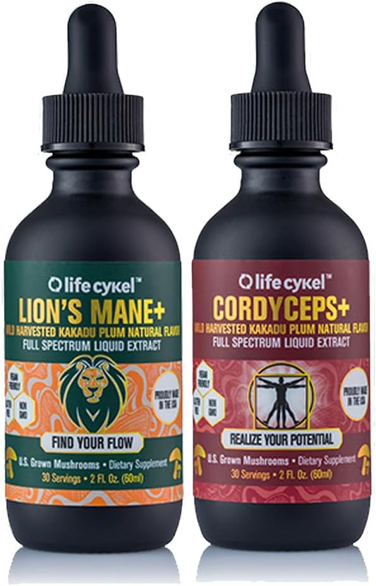 Organic Cordyceps + Lions Mane Extract Performance Pack for Energy & Focus - USA Made Mushroom Supplement for Mental Clarity
