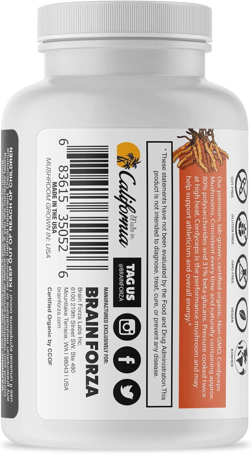 Organic Cordyceps Sinensis Mushroom Capsules - USA Grown, Non-GMO, Vegan, 90 ct