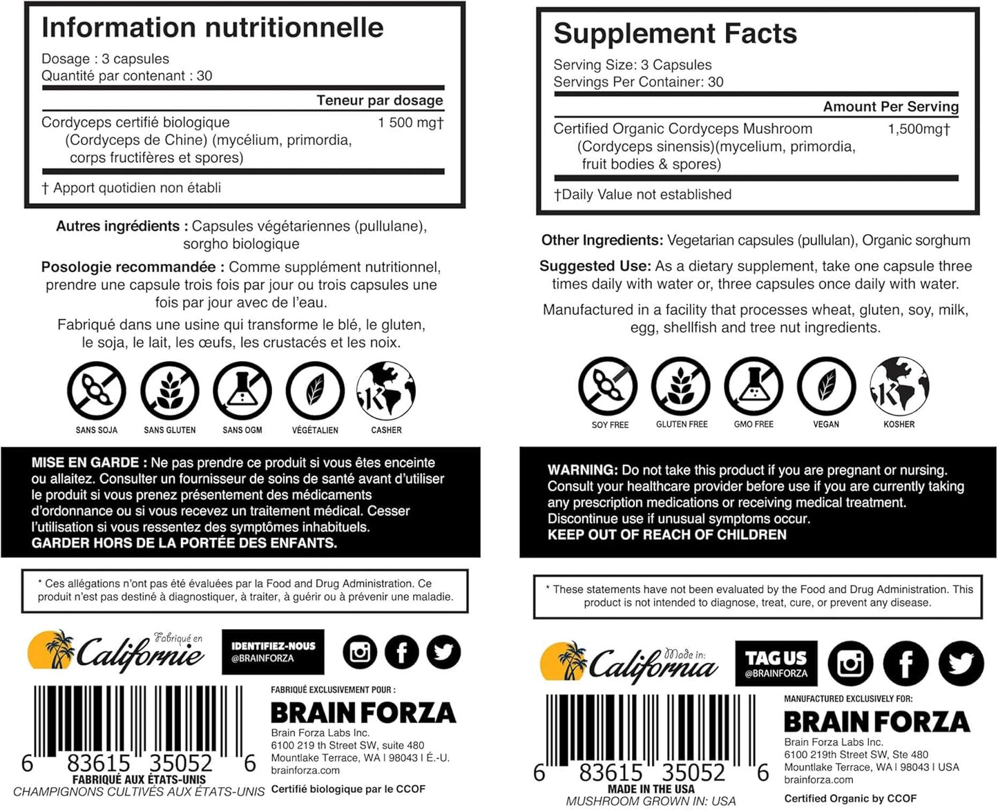 Organic Cordyceps Sinensis Mushroom Capsules - USA Grown, Non-GMO, Vegan, 90 ct
