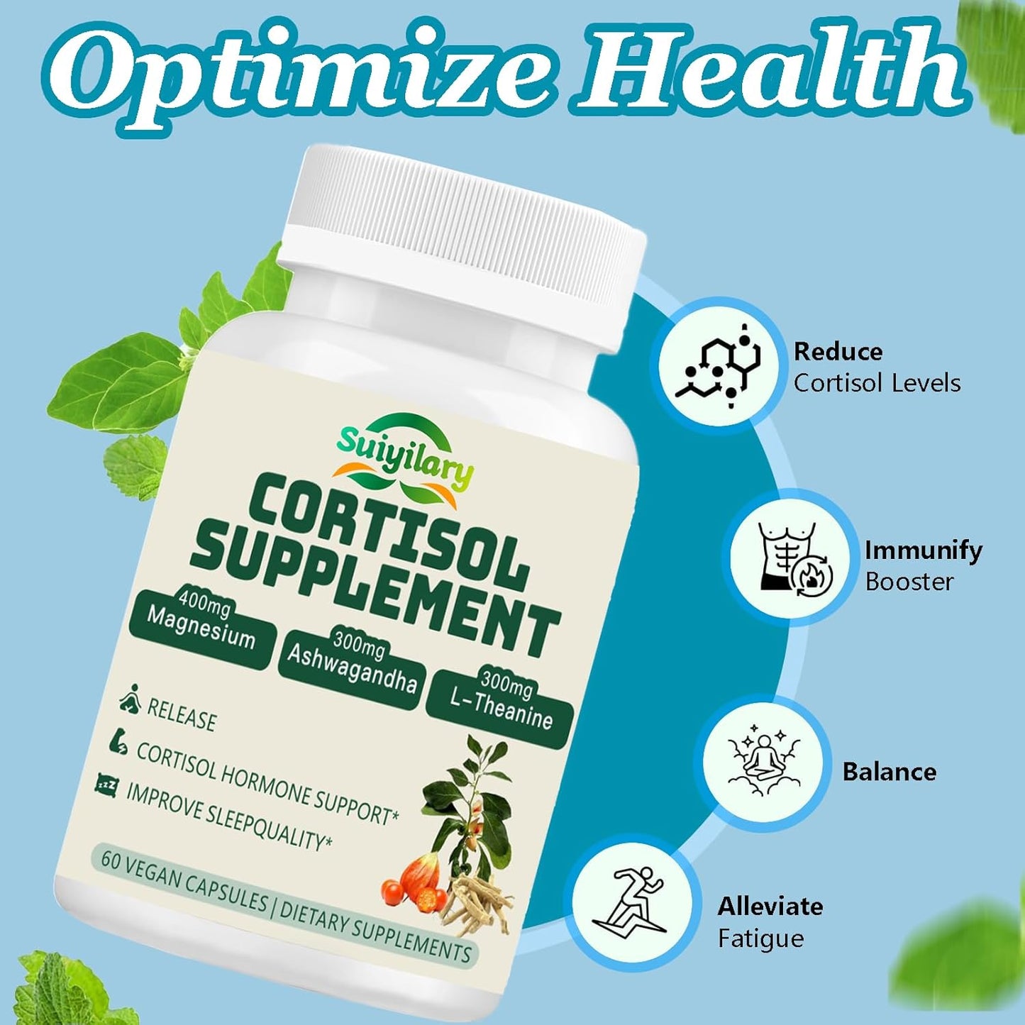 Organic Cortisol Reducer Supplement for Men & Women | Detox Manager with Ashwagandha, Rhodiola, Magnesium, L-Theanine, Vitamin B6 & B12 | Vegan Capsules | 60 Count