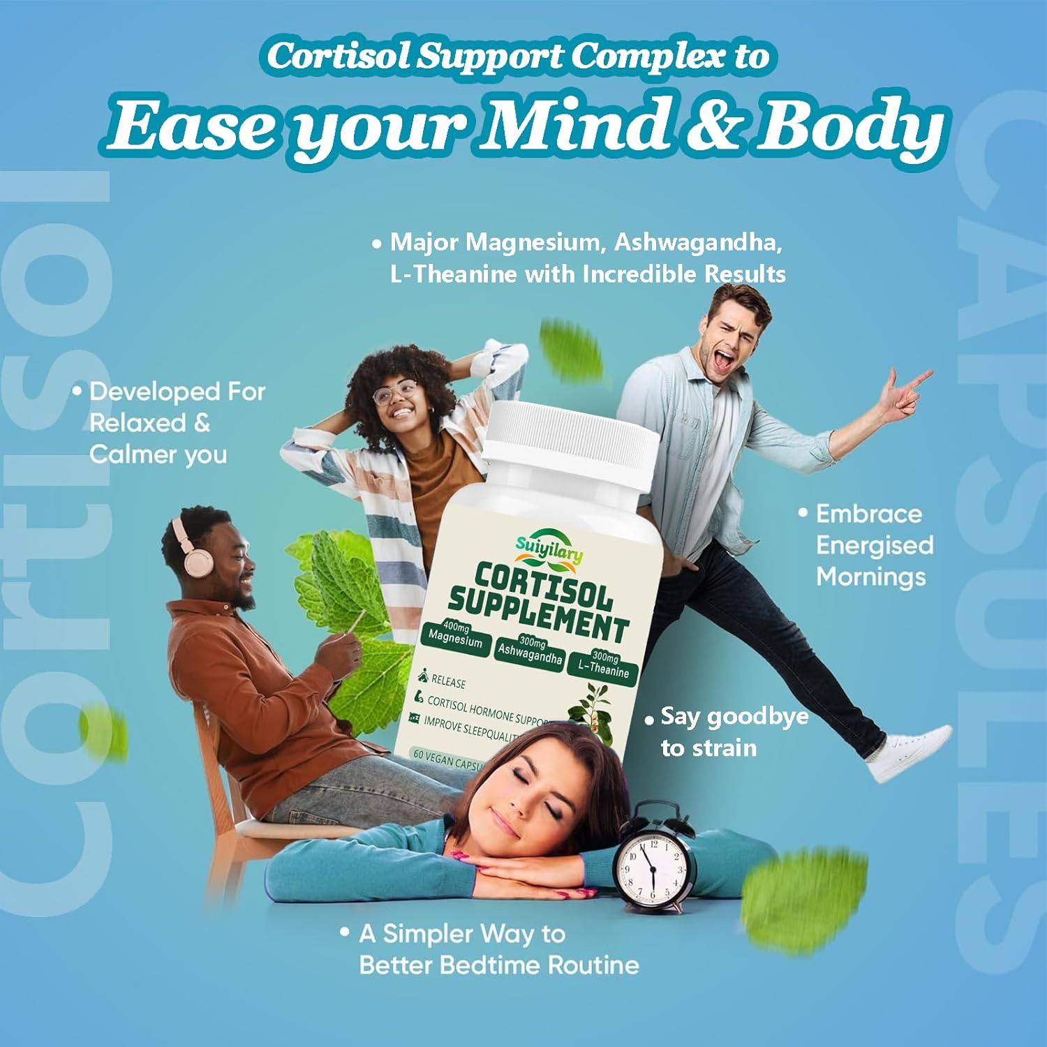 Organic Cortisol Reducer Supplement for Men & Women | Detox Manager with Ashwagandha, Rhodiola, Magnesium, L-Theanine, Vitamin B6 & B12 | Vegan Capsules | 60 Count