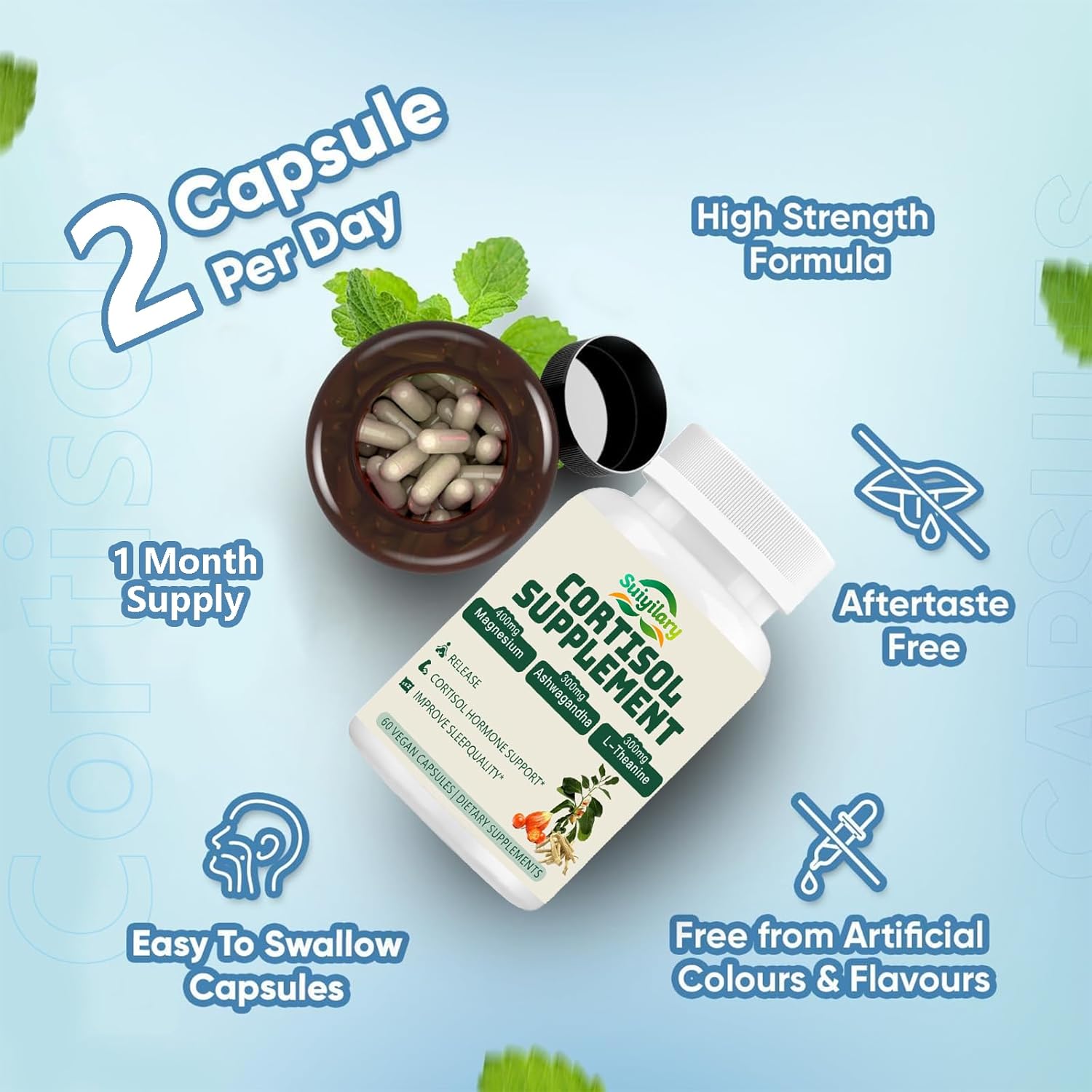 Organic Cortisol Reducer Supplement for Men & Women | Detox Manager with Ashwagandha, Rhodiola, Magnesium, L-Theanine, Vitamin B6 & B12 | Vegan Capsules | 60 Count