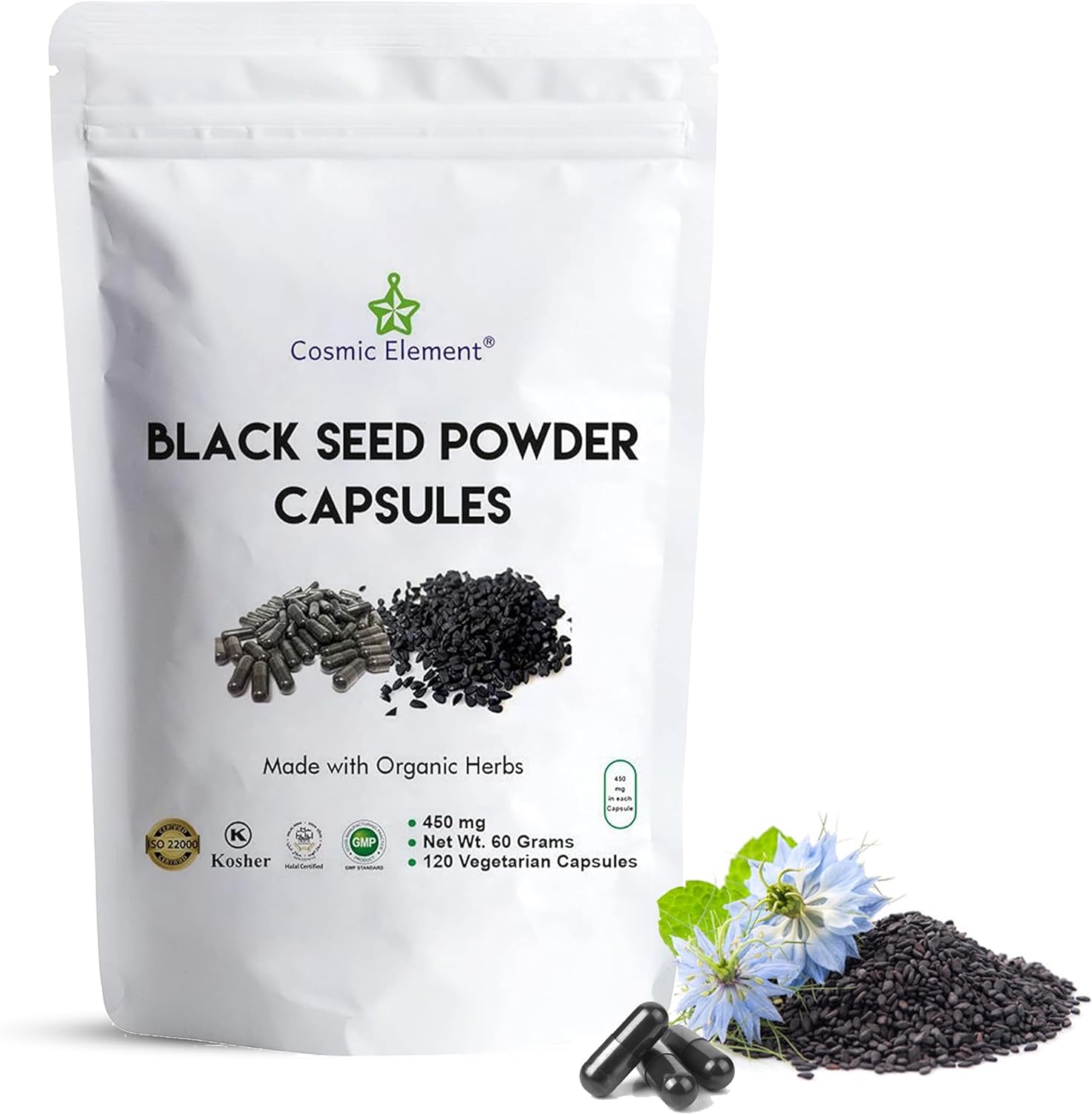 Organic Cosmic Element Black Seed Powder Capsules - Vegan Nigella Sativa - 450mg per Serving - 120 Capsules for Health