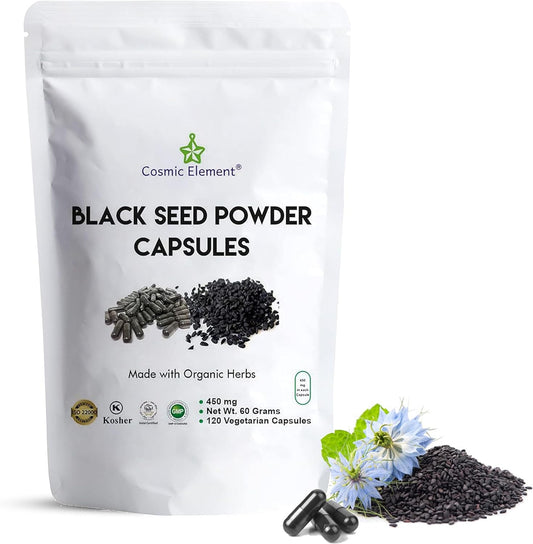 Organic Cosmic Element Black Seed Powder Capsules - Vegan Nigella Sativa - 450mg per Serving - 120 Capsules for Health