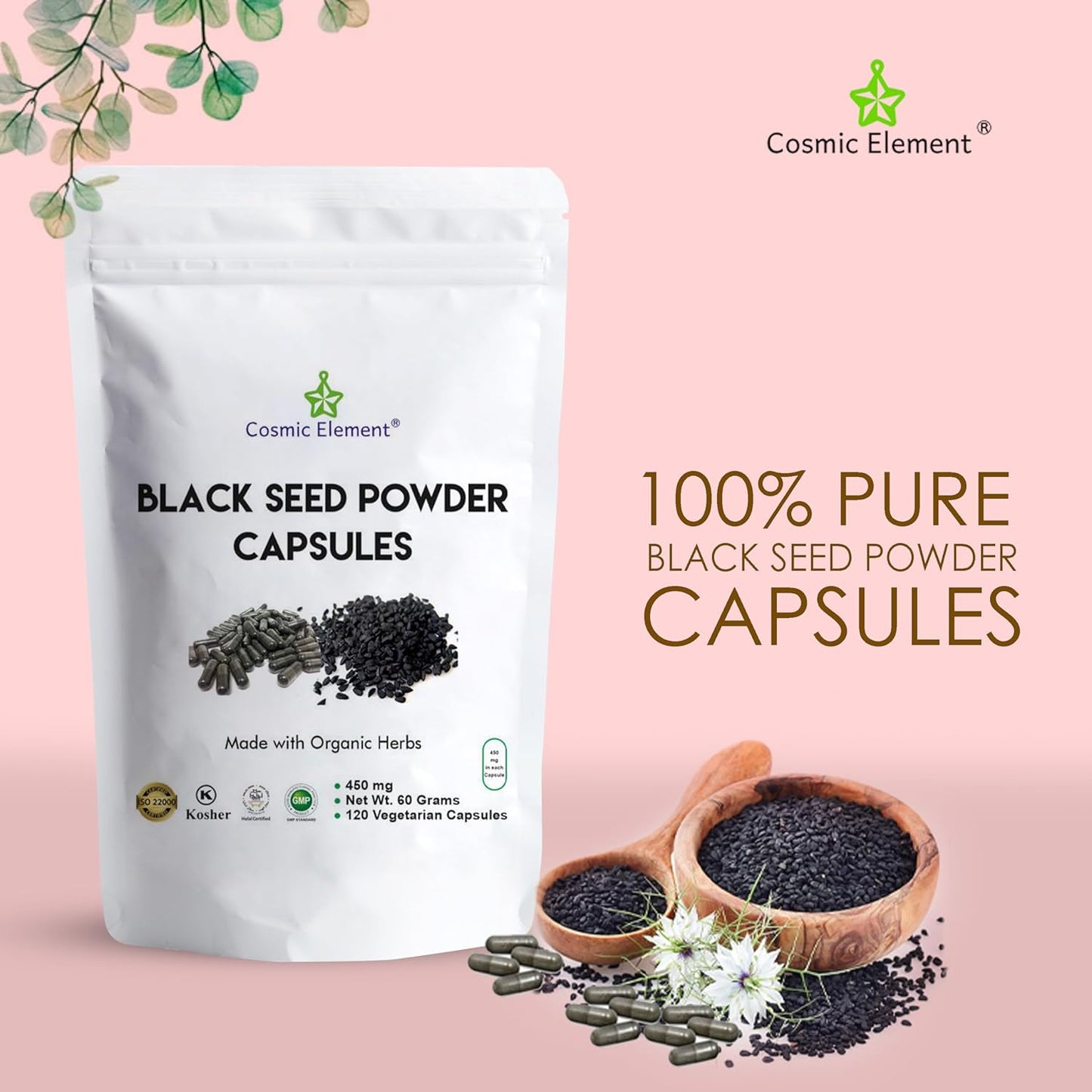Organic Cosmic Element Black Seed Powder Capsules - Vegan Nigella Sativa - 450mg per Serving - 120 Capsules for Health
