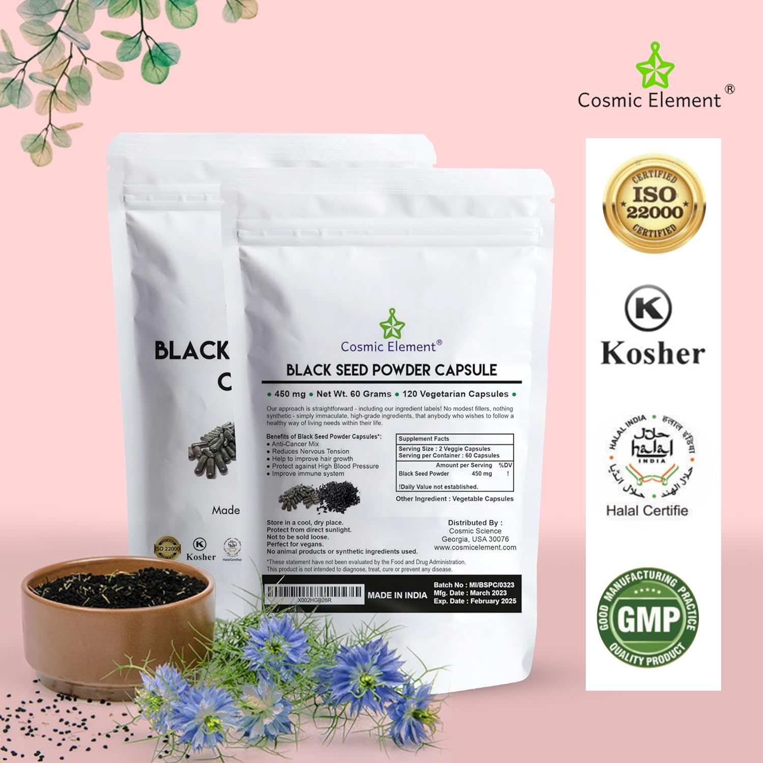 Organic Cosmic Element Black Seed Powder Capsules - Vegan Nigella Sativa - 450mg per Serving - 120 Capsules for Health