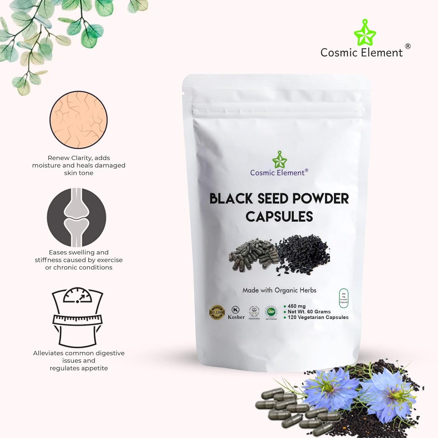 Organic Cosmic Element Black Seed Powder Capsules - Vegan Nigella Sativa - 450mg per Serving - 120 Capsules for Health