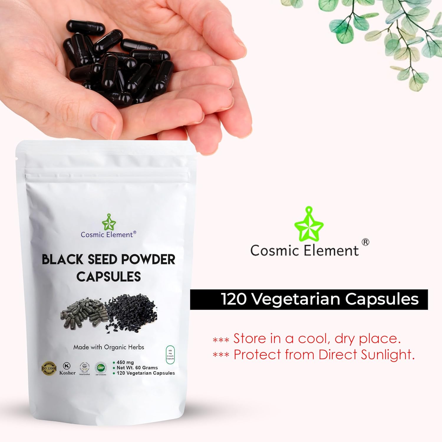 Organic Cosmic Element Black Seed Powder Capsules - Vegan Nigella Sativa - 450mg per Serving - 120 Capsules for Health