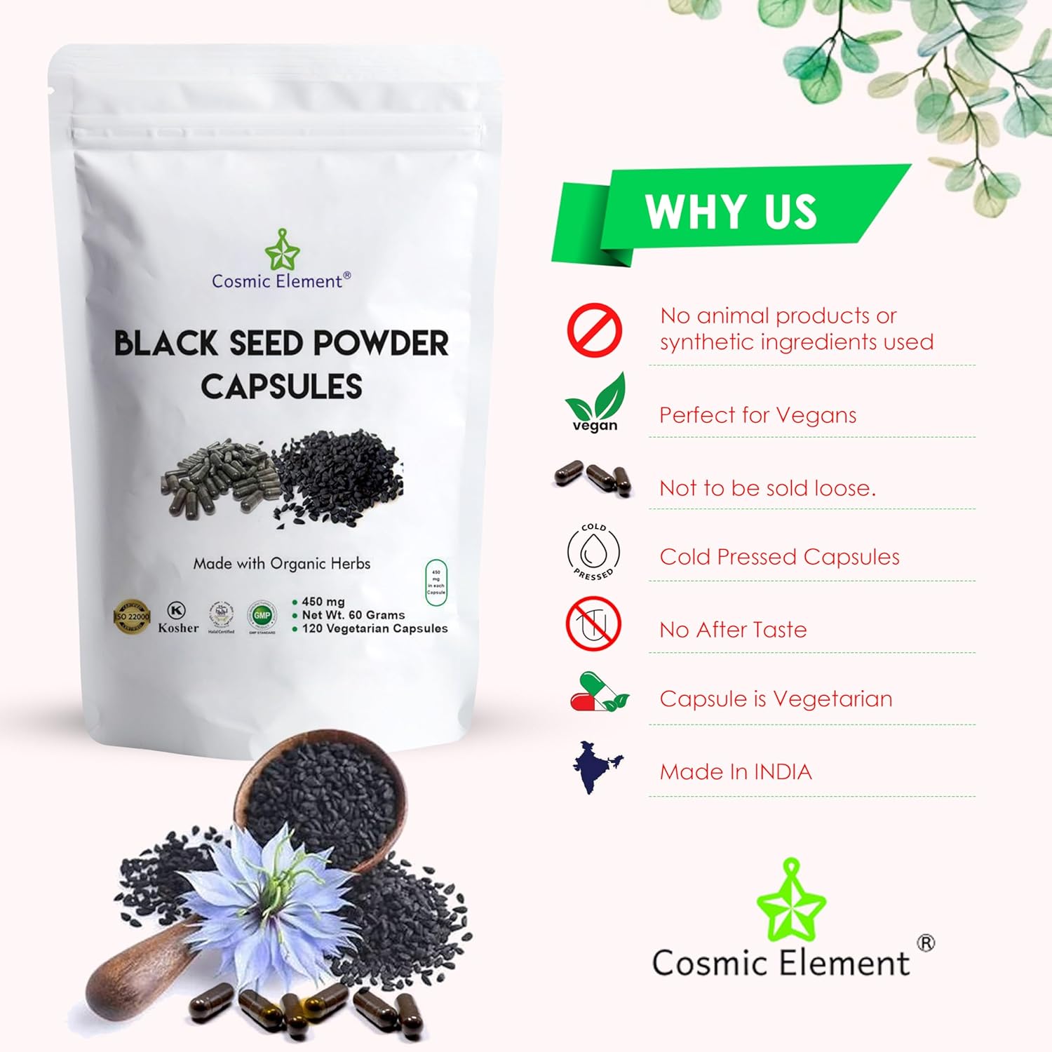 Organic Cosmic Element Black Seed Powder Capsules - Vegan Nigella Sativa - 450mg per Serving - 120 Capsules for Health