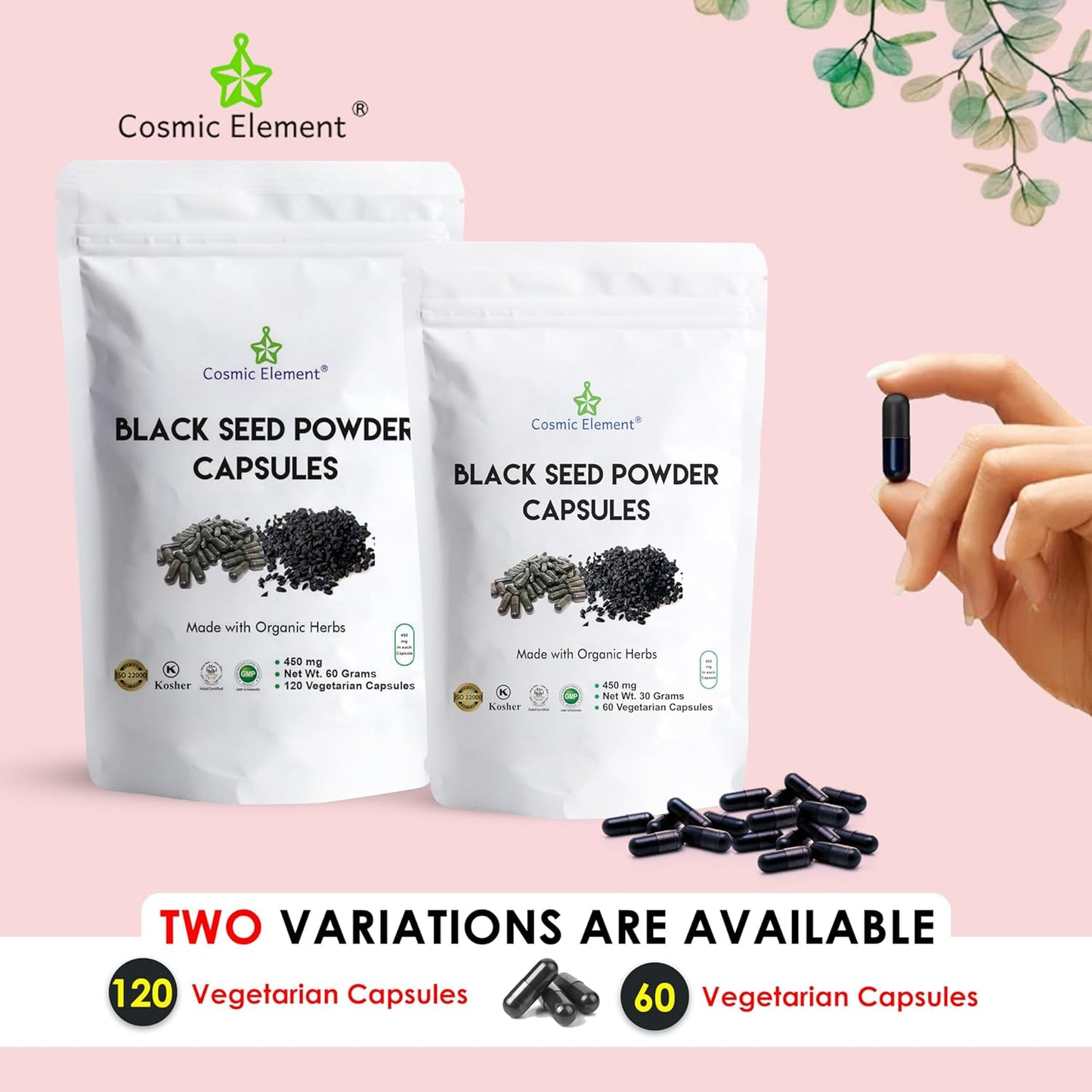 Organic Cosmic Element Black Seed Powder Capsules - Vegan Nigella Sativa - 450mg per Serving - 120 Capsules for Health