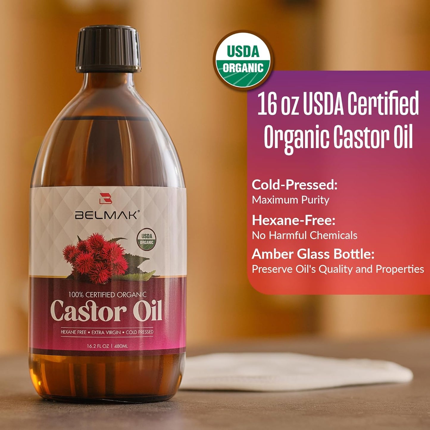 Organic Cotton Castor Oil Pack Wrap Kit for Liver Detox - Includes 16.2 oz Glass Bottle - Reusable Castor Oil Pads for Stomach - 8 Piece Set