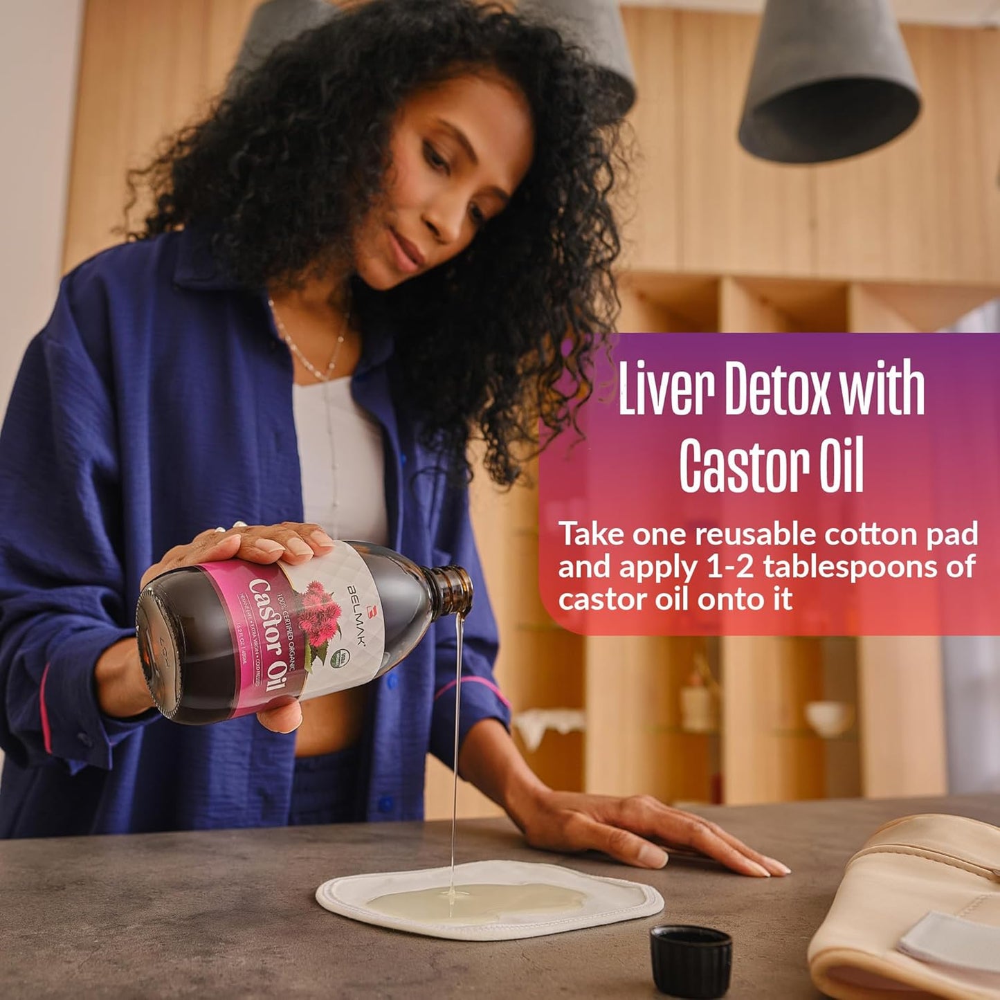 Organic Cotton Castor Oil Pack Wrap Kit for Liver Detox - Includes 16.2 oz Glass Bottle - Reusable Castor Oil Pads for Stomach - 8 Piece Set
