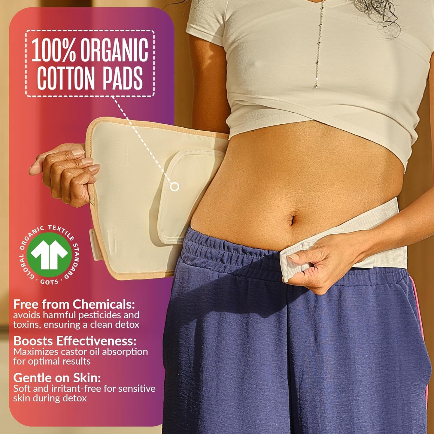 Organic Cotton Castor Oil Pack Wrap Kit for Liver Detox - Includes 16.2 oz Glass Bottle - Reusable Castor Oil Pads for Stomach - 8 Piece Set