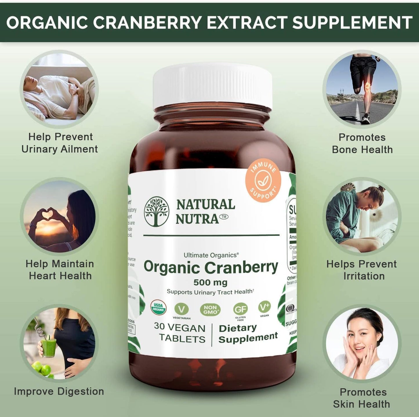 Organic Cranberry Extract Supplement for Urinary & Heart Health - 30 Tablets
