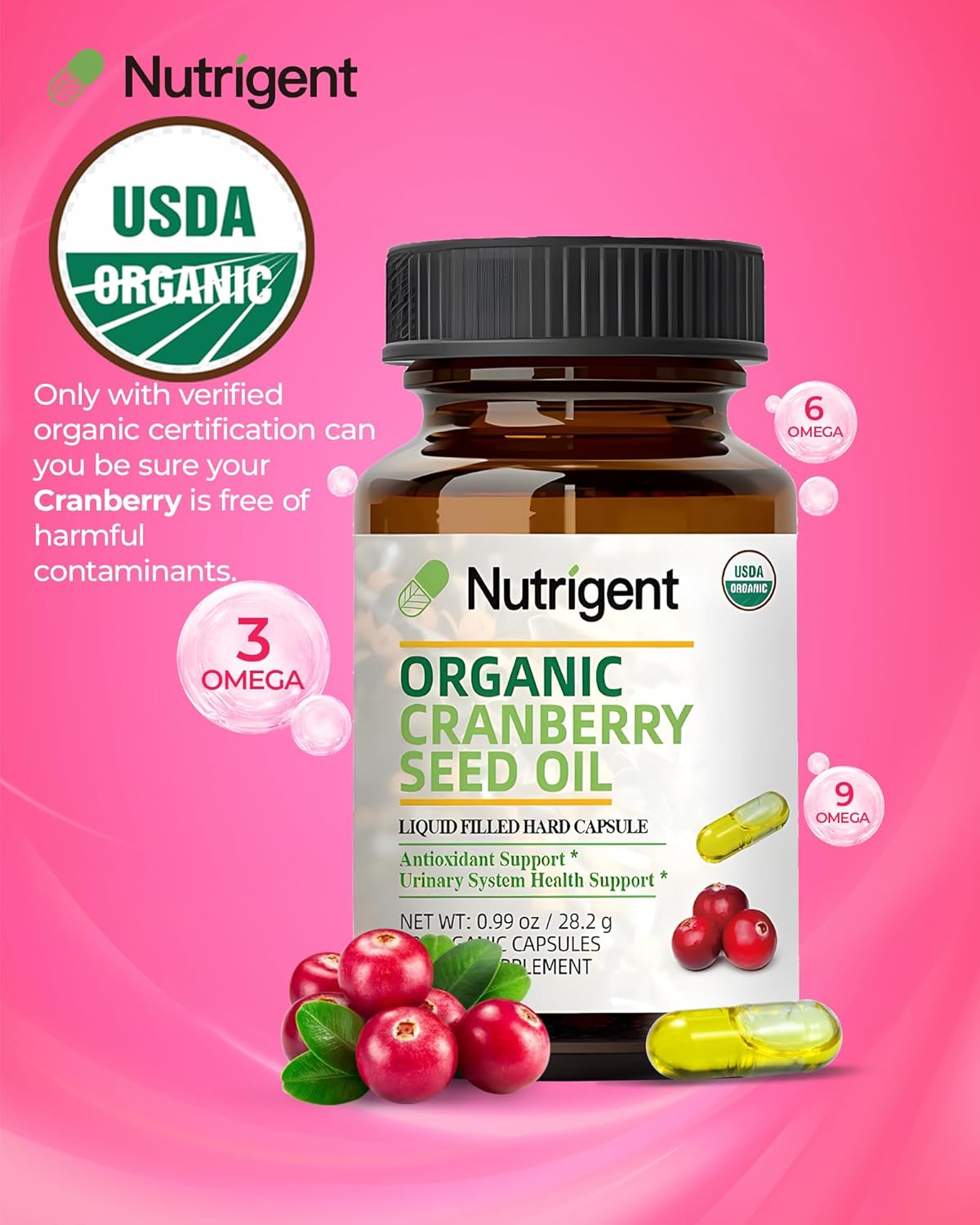 Organic Cranberry Seed Oil Capsules 940mg - Omega 3-6-9 Fatty Acids for Urinary & Skin Health - 60 ct