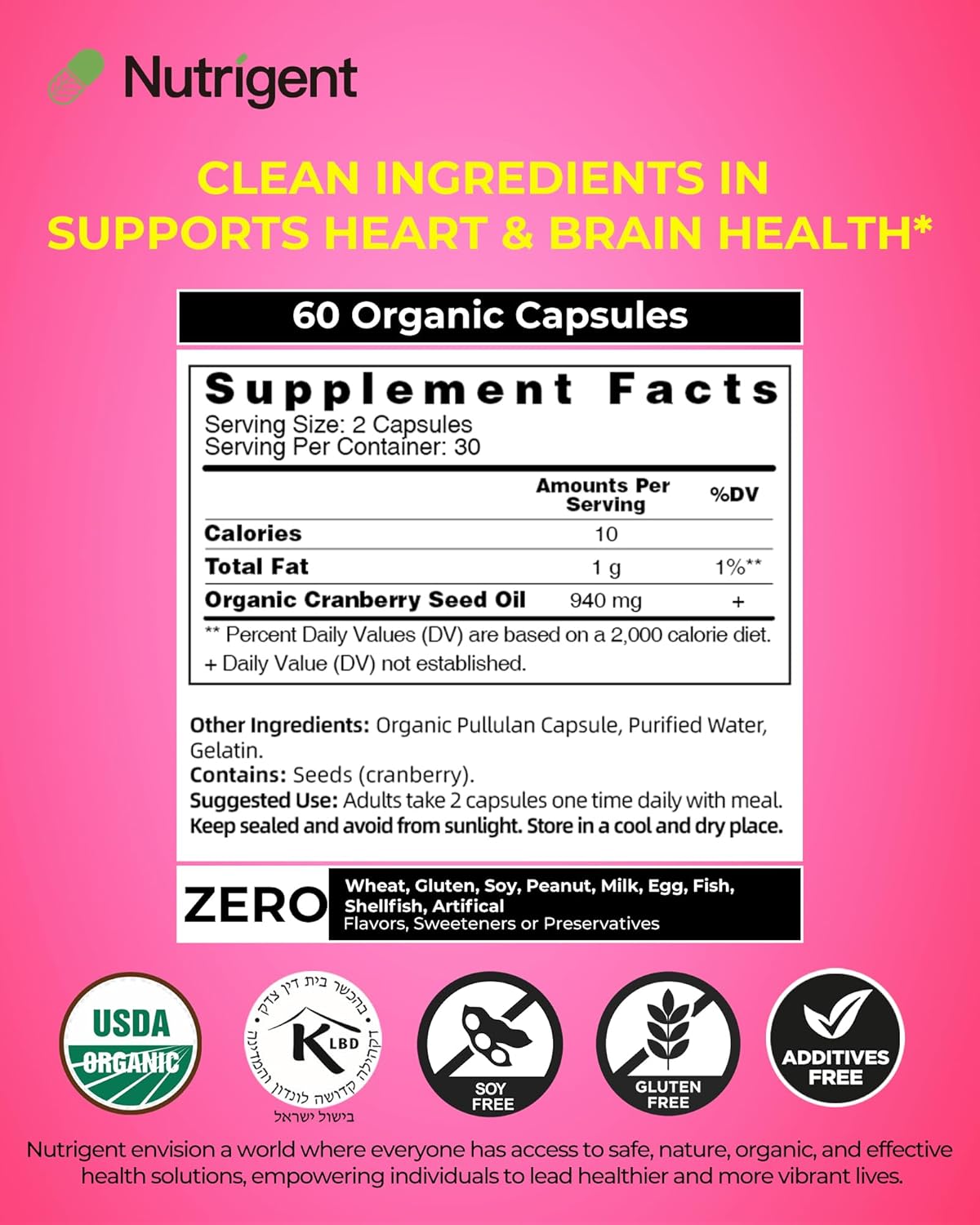 Organic Cranberry Seed Oil Capsules 940mg - Omega 3-6-9 Fatty Acids for Urinary & Skin Health - 60 ct